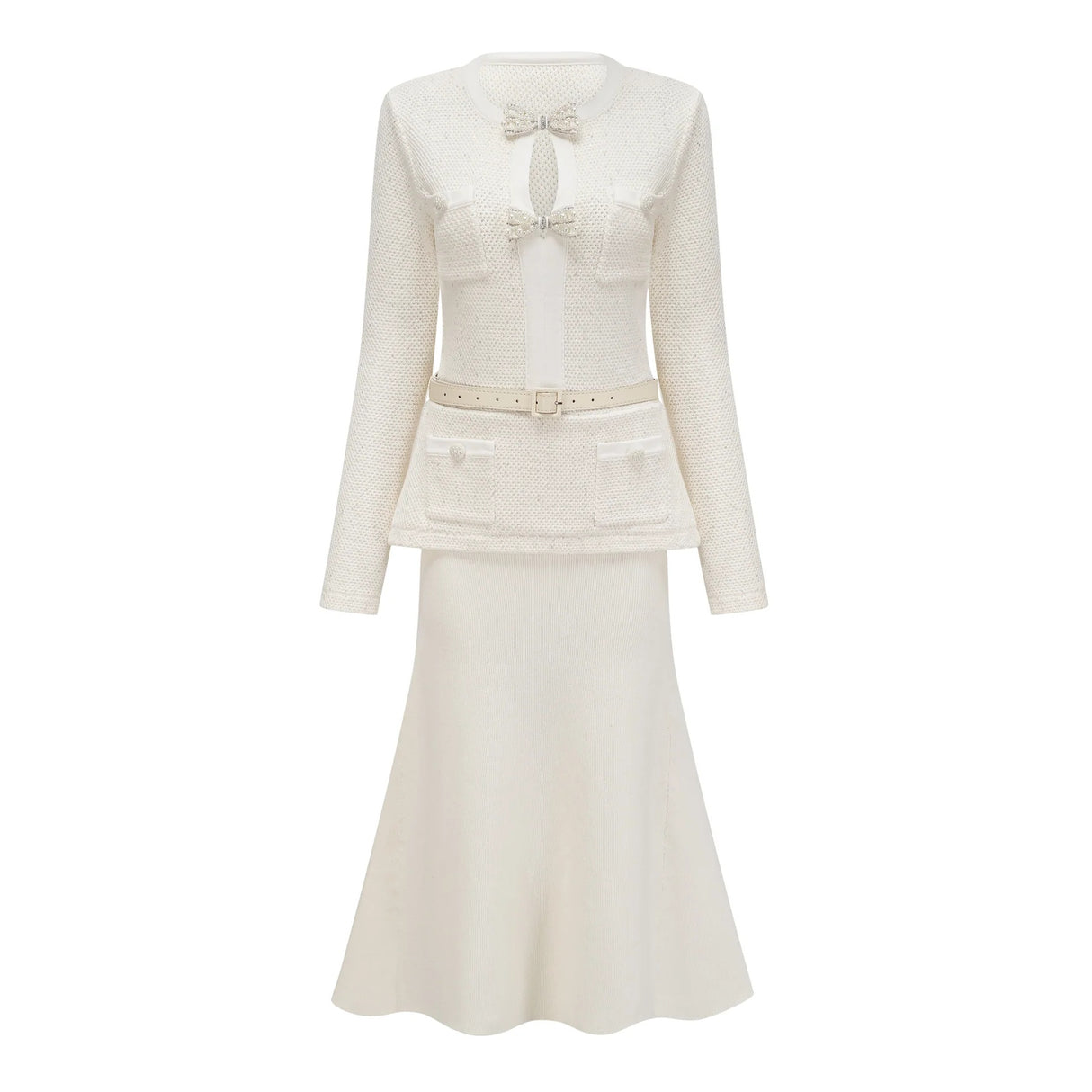 Adélade White Embellished Knit Midi Dress