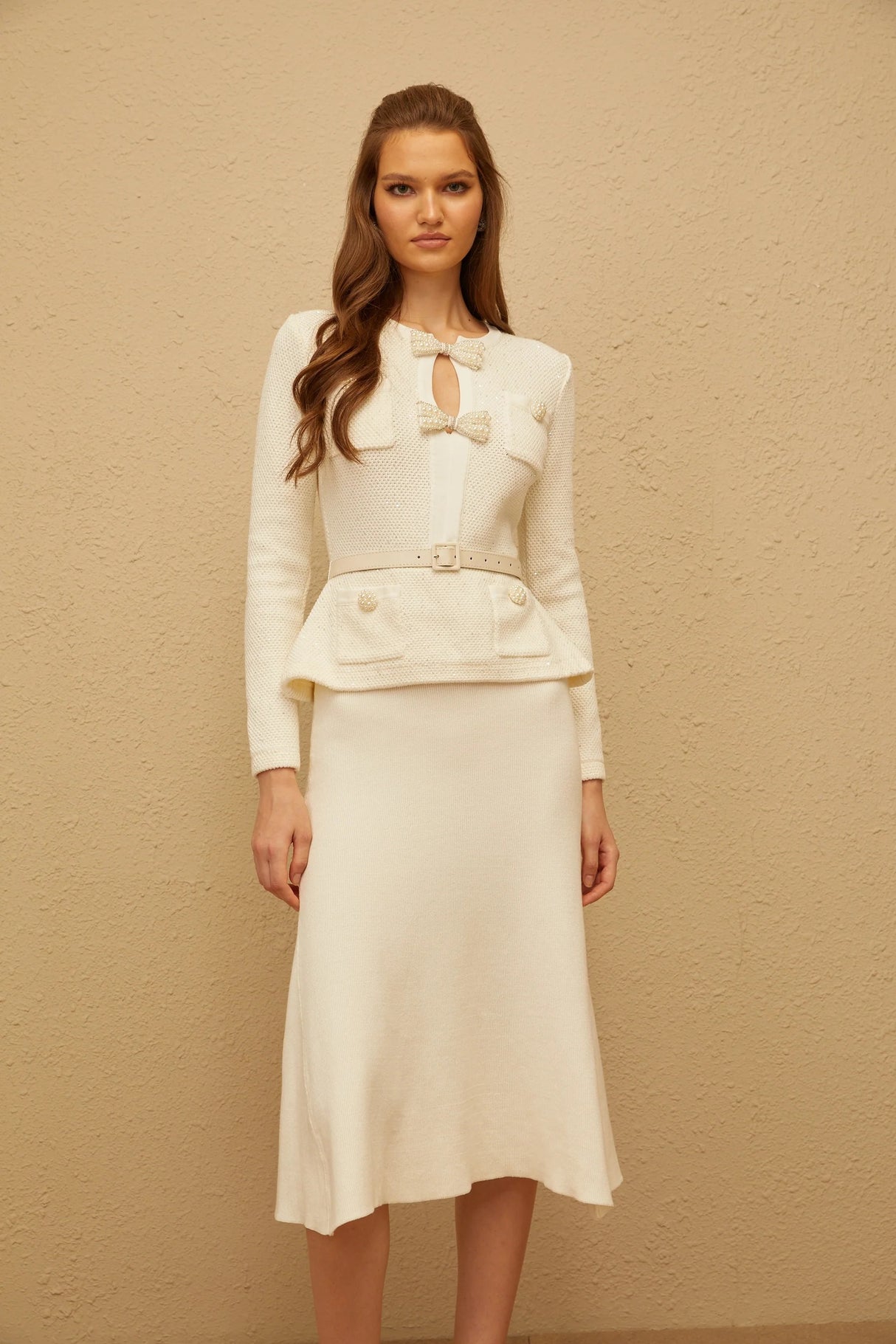 Adélade White Embellished Knit Midi Dress