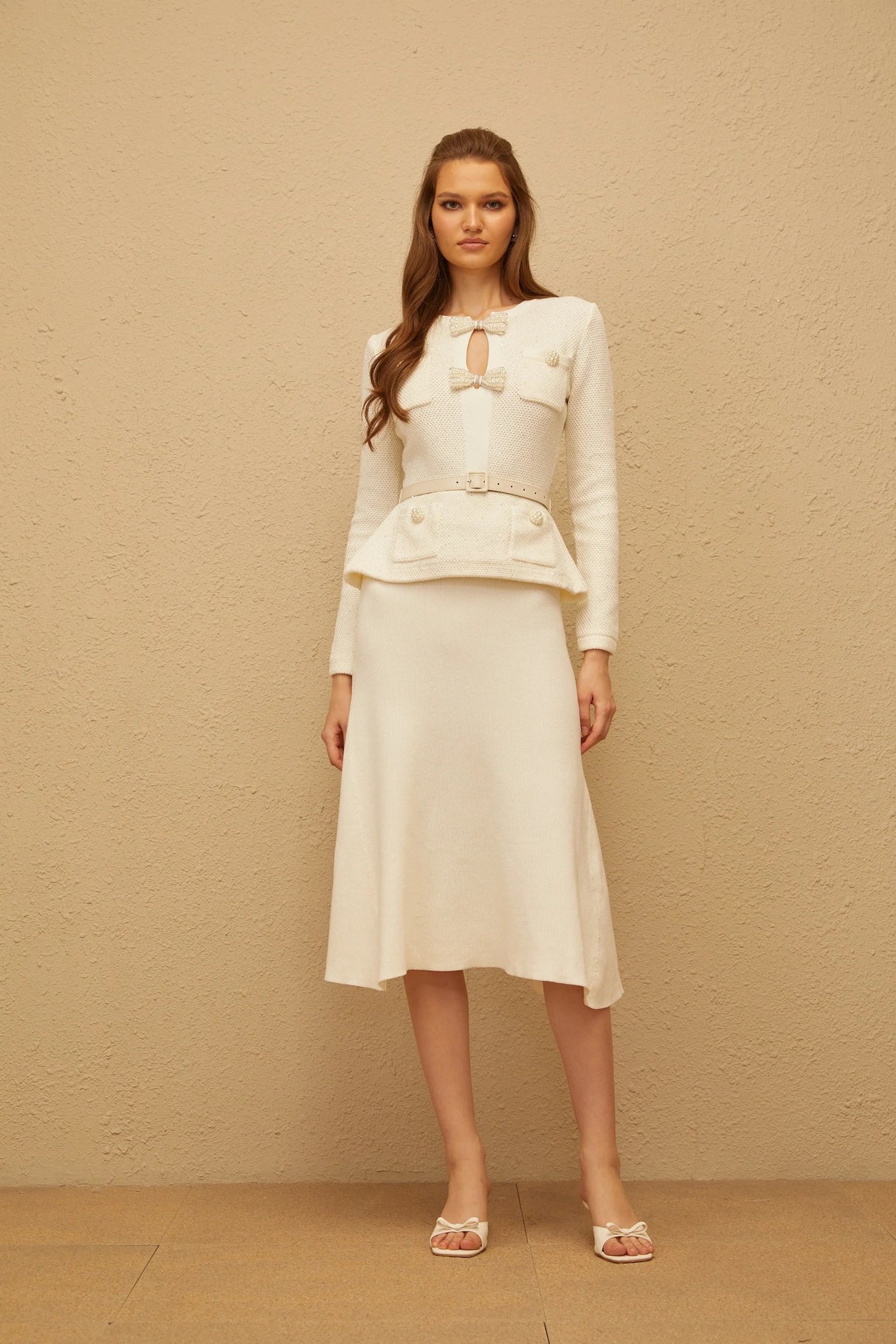 Adélade White Embellished Knit Midi Dress