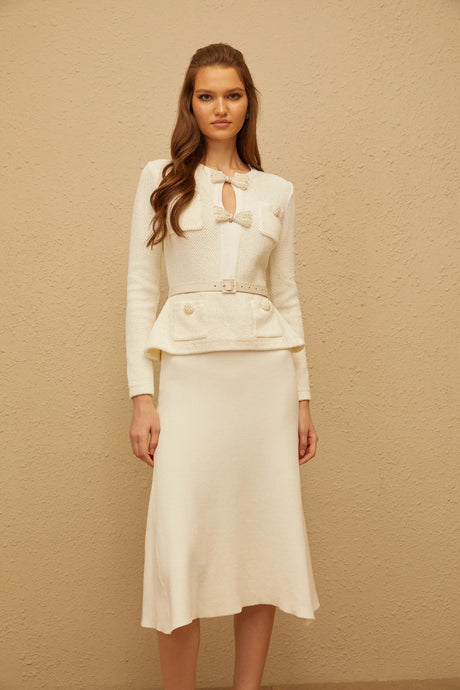 Adélade White Embellished Knit Midi Dress