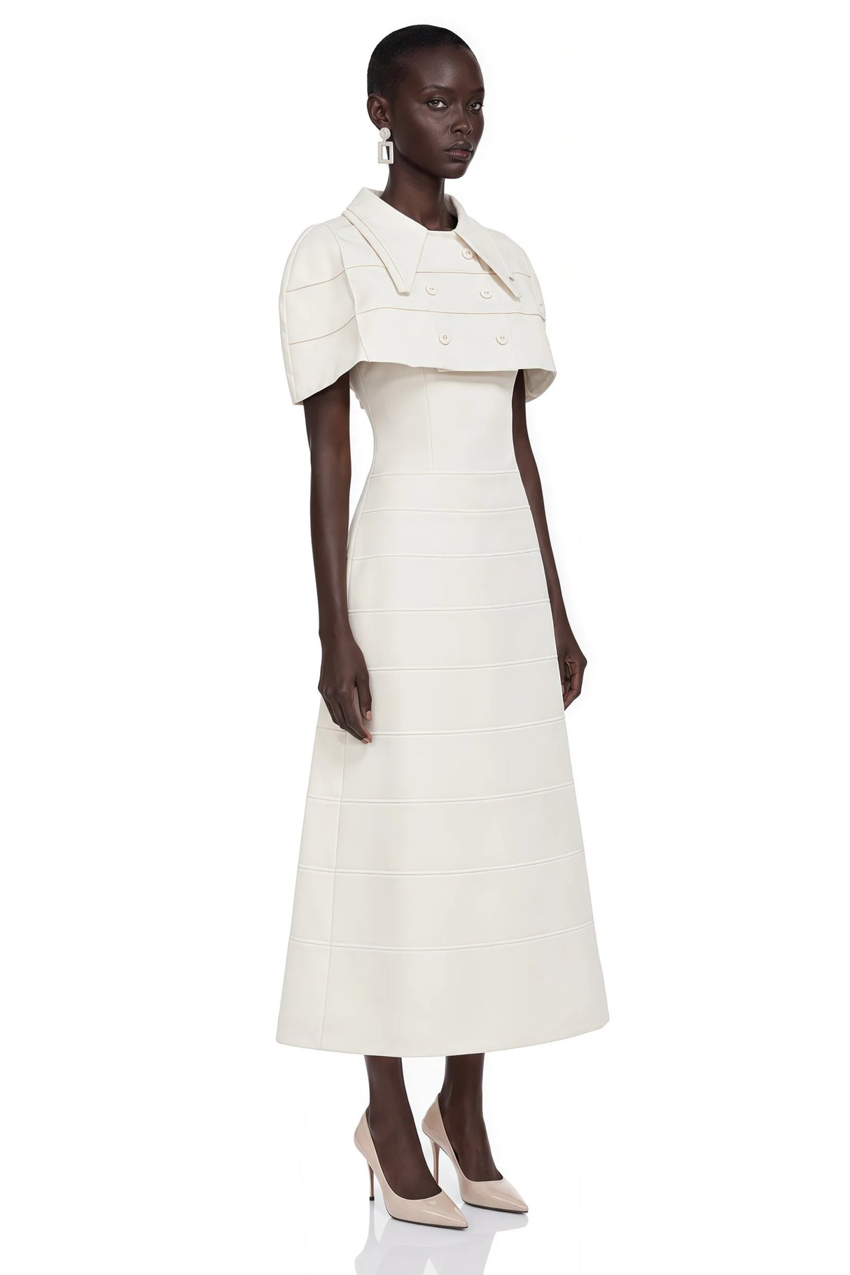 Adelaide White Midi Dress with Collared Cape