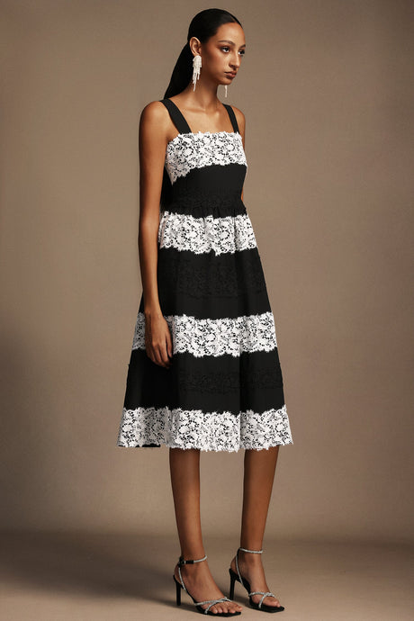 Adele Black Lace Sleeveless Dress with Structured Neckline and Contrasting Bands for Formal Occasions and Chic Gatherings