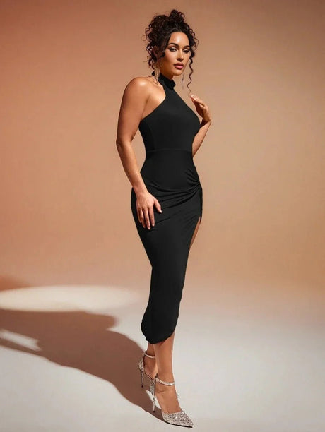 Adele Midi Dress - Halter Neckline - Backless Twist - High Waist - Bodycon Fit
