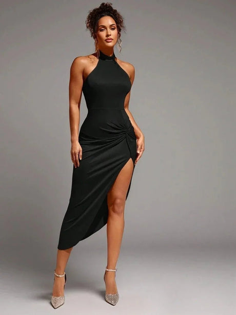 Adele Midi Dress - Halter Neckline - Backless Twist - High Waist - Bodycon Fit