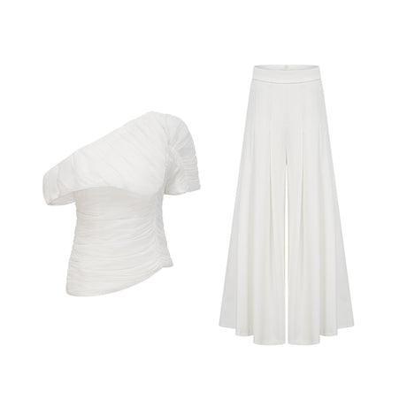 Adele white creased matching set with top and trousers on plain background