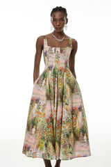 Adelheid Pink Floral Print Flared Midi Dress