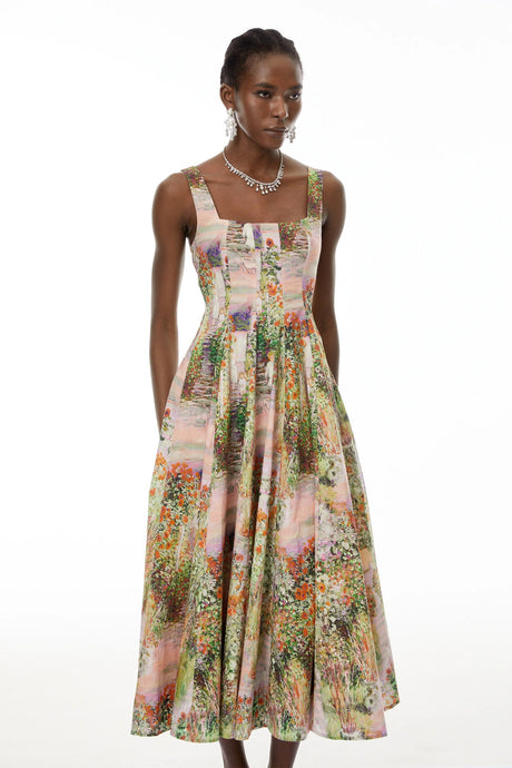 Adelheid Pink Floral Print Flared Midi Dress