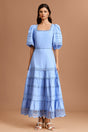 Adelina Blue Lace Maxi Dress Square Collar Puff Sleeves Tiered Hem
