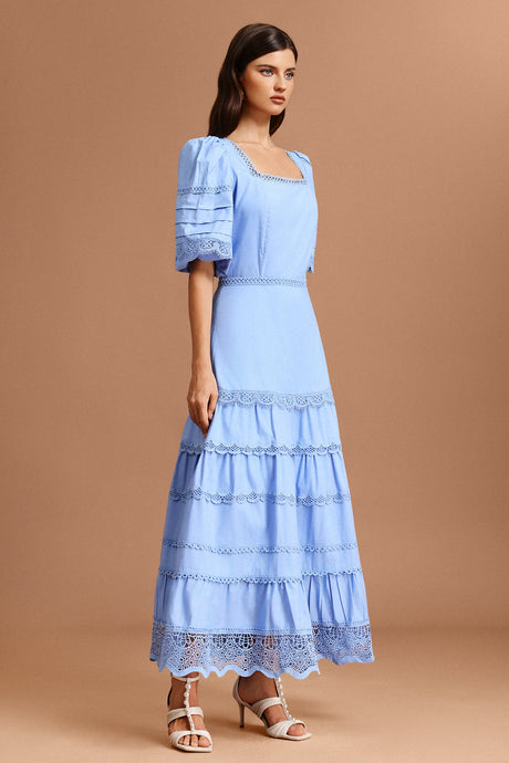 Adelina Blue Lace Maxi Dress Square Collar Puff Sleeves Tiered Hem