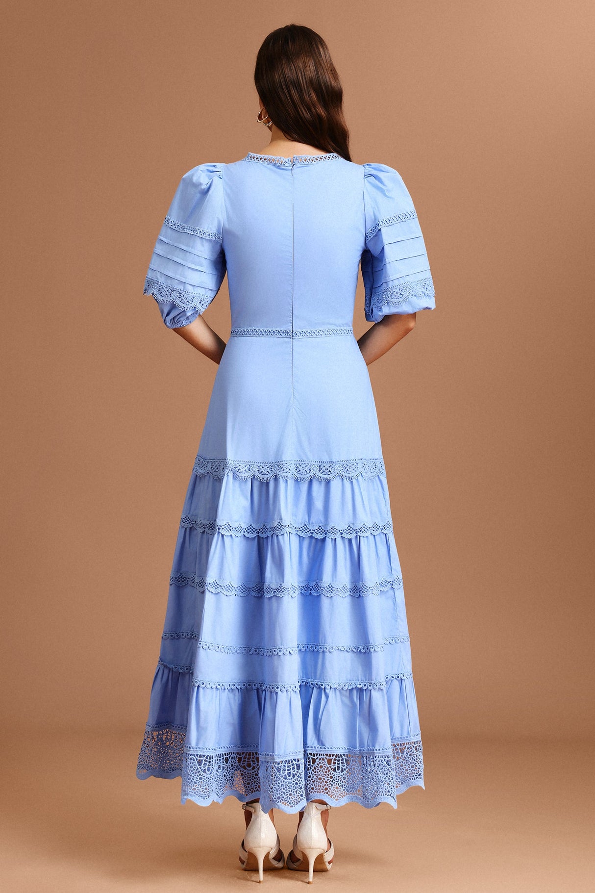 Adelina Blue Lace Maxi Dress Square Collar Puff Sleeves Tiered Hem Garden Party Wedding Lightweight Fabric Grace Style