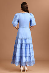 Adelina Blue Lace Maxi Dress Square Collar Puff Sleeves Tiered Hem Garden Party Wedding Lightweight Fabric Grace Style