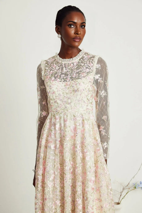 Adelina Floral Midi Dress - Round Neck - Long Sleeves - Pleated Tulle Design - Floral Embroidery Detail