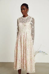 Adelina Floral Midi Dress - Round Neck - Long Sleeves - Pleated Tulle Design - Floral Embroidery Detail