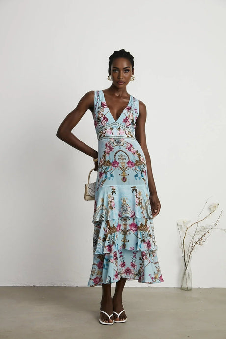 Adelina Floral Midi Dress - Sleeveless - Deep V - Neck - Open - Back - Crystal Embellishment