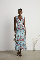 Adelina Floral Midi Dress - Sleeveless - Deep V - Neck - Open - Back - Crystal Embellishment