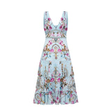 Adelina Floral Midi Dress - Sleeveless - Deep V - Neck - Open - Back - Crystal Embellishment