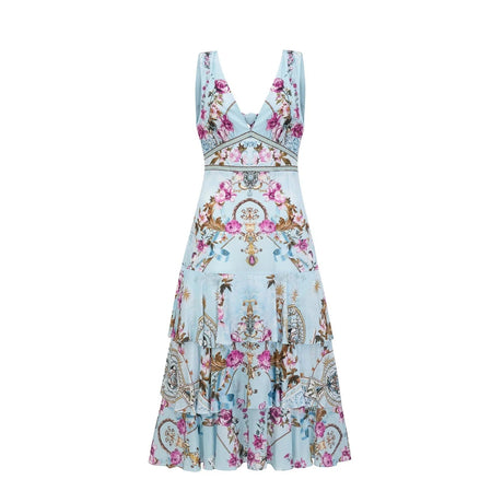 Adelina Floral Midi Dress - Sleeveless - Deep V - Neck - Open - Back - Crystal Embellishment