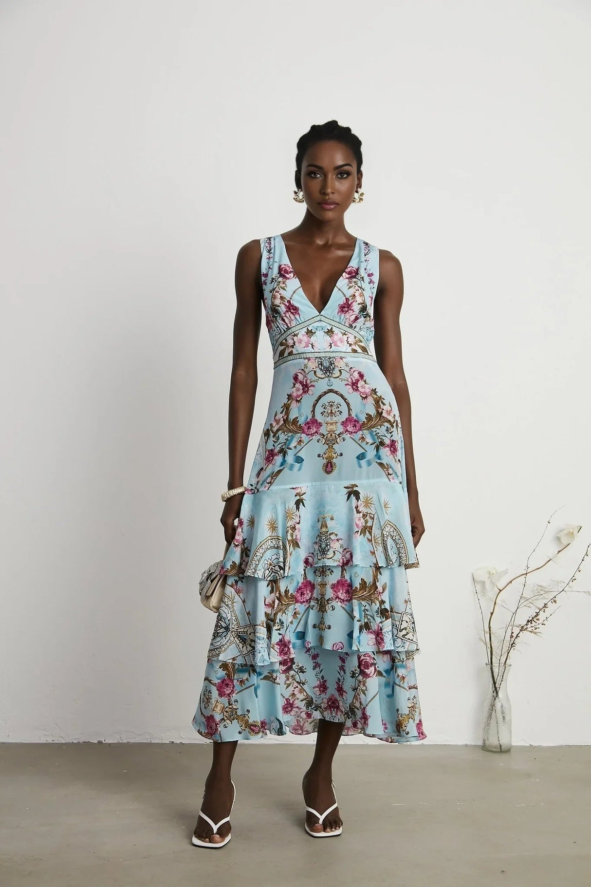 Adelina Floral Midi Dress - Sleeveless - Deep V - Neck - Open - Back - Crystal Embellishment