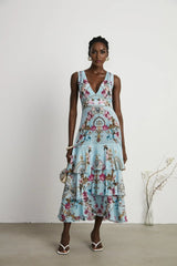 Adelina Floral Midi Dress - Sleeveless - Deep V - Neck - Open - Back - Crystal Embellishment