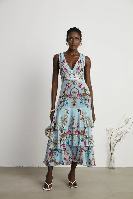 Adelina Floral Midi Dress - Sleeveless - Deep V - Neck - Open - Back - Crystal Embellishment