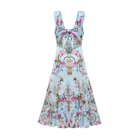 Adelina Floral Midi Dress - Sleeveless - Deep V - Neck - Open - Back - Crystal Embellishment