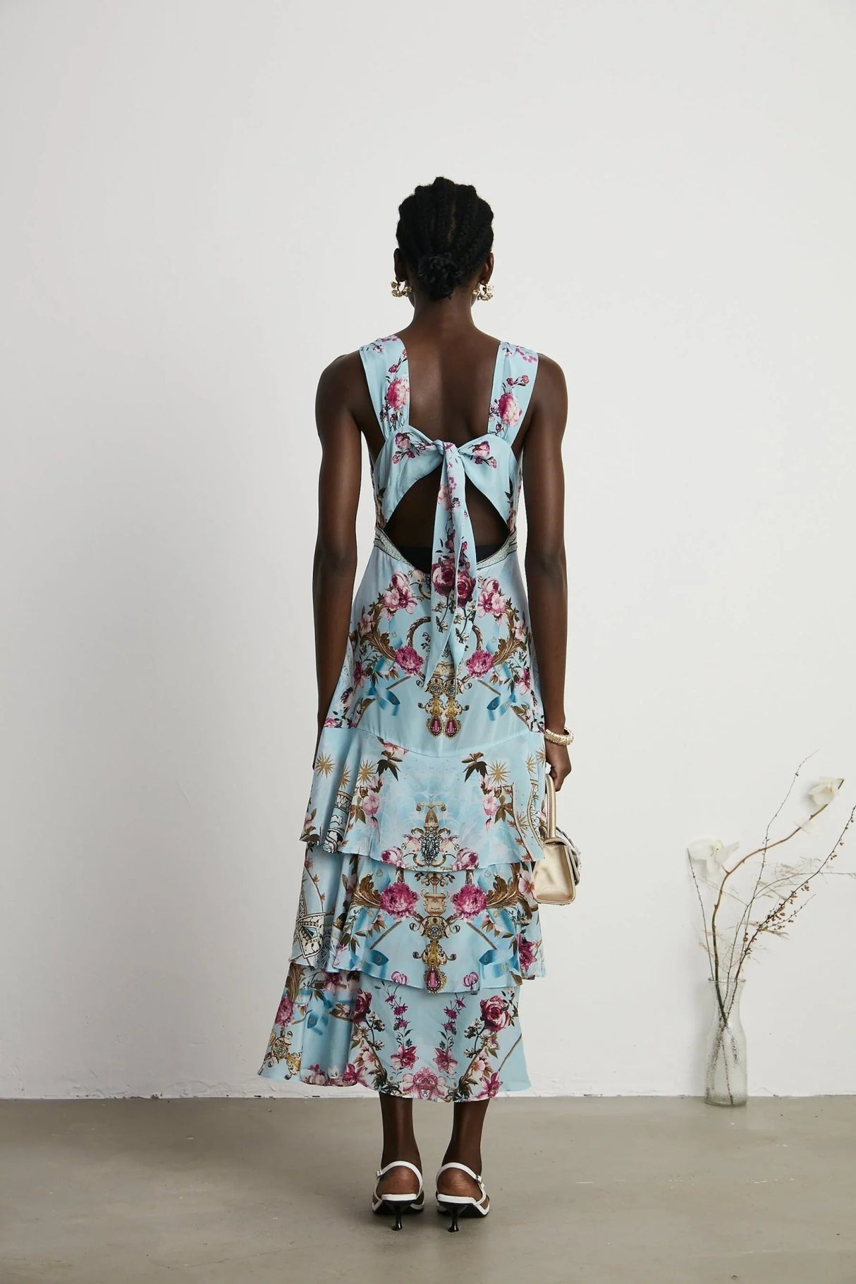 Adelina Floral Midi Dress - Sleeveless - Deep V - Neck - Open - Back - Crystal Embellishment