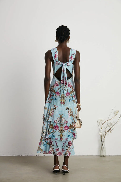 Adelina Floral Midi Dress - Sleeveless - Deep V - Neck - Open - Back - Crystal Embellishment