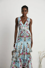 Adelina Floral Midi Dress - Sleeveless - Deep V - Neck - Open - Back - Crystal Embellishment