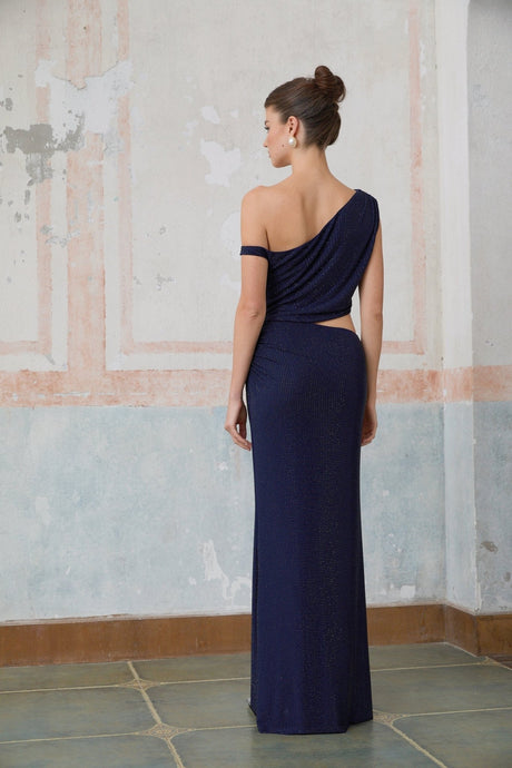 Adelina Maxi Dress - One - Shoulder Design - Sleeveless with Ruching - Cut - Out detailing - Rhinestone Embellishments