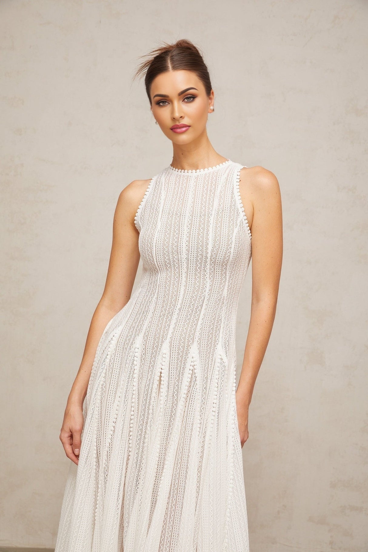 Adelina Midi Dress - Crochet Knit - Puff Skirt - Godet Design - Rear Zip Fastening