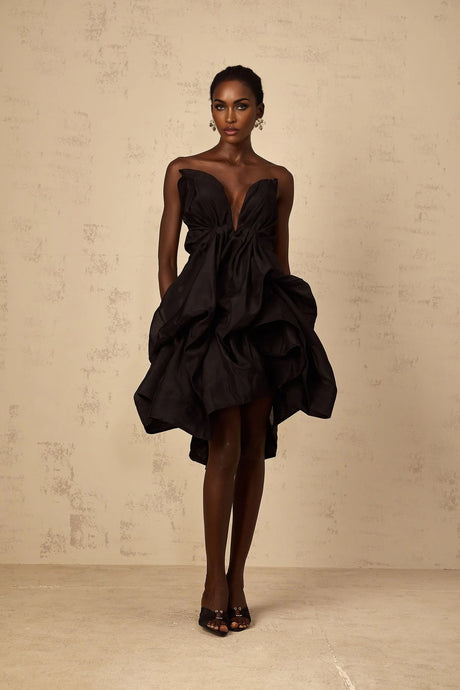 Adelina Mini Dress Black Asymmetrical Ruffle Cocktail