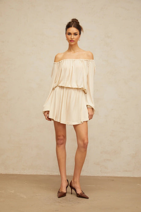 Adelina Mini Dress Neutrals Cold Shoulder & Long Sleeve Trendy Style