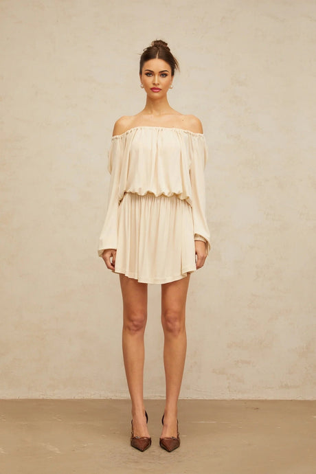 Adelina Mini Dress Neutrals Cold Shoulder & Long Sleeve Trendy Style
