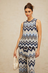 Adelina Zigzag Knit Top & Trousers Set - Metallic Threading - Scallop Hem - Elasticated Waistband - High Rise