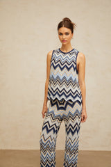 Adelina Zigzag Knit Top & Trousers Set - Metallic Threading - Scallop Hem - Elasticated Waistband - High Rise