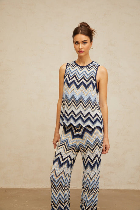 Adelina Zigzag Knit Top & Trousers Set - Metallic Threading - Scallop Hem - Elasticated Waistband - High Rise