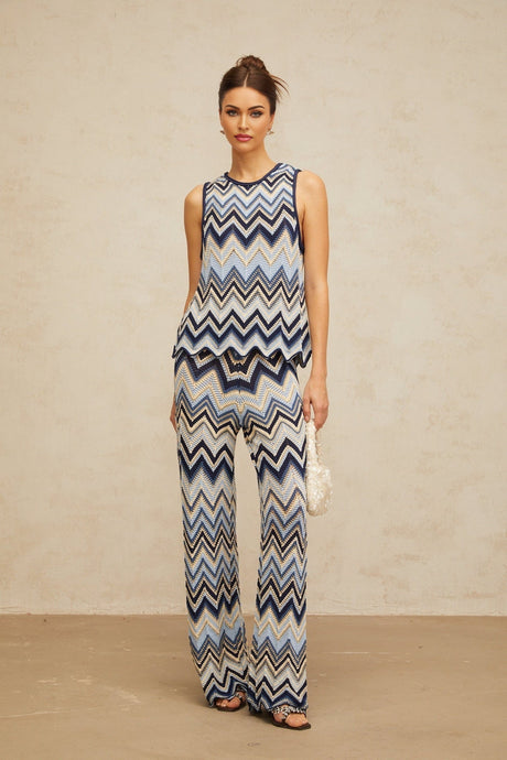 Adelina Zigzag Knit Top & Trousers Set - Metallic Threading - Scallop Hem - Elasticated Waistband - High Rise