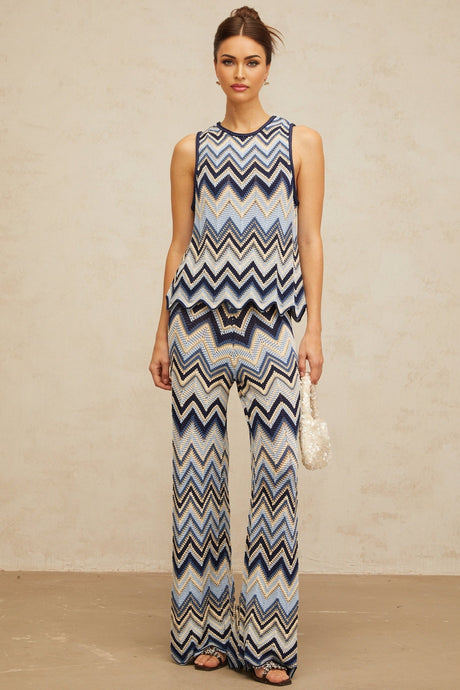 Adelina Zigzag Knit Top & Trousers Set - Metallic Threading - Scallop Hem - Elasticated Waistband - High Rise