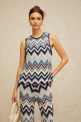 Adelina Zigzag Knit Top & Trousers Set - Metallic Threading - Scallop Hem - Elasticated Waistband - High Rise