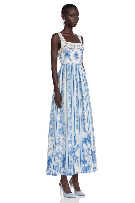Adeliza Blue Floral Print Square Neck Midi Dress