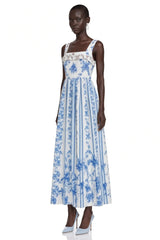 Adeliza Blue Floral Print Square Neck Midi Dress