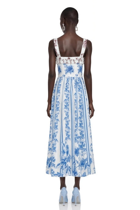 Adeliza Blue Floral Print Square Neck Midi Dress