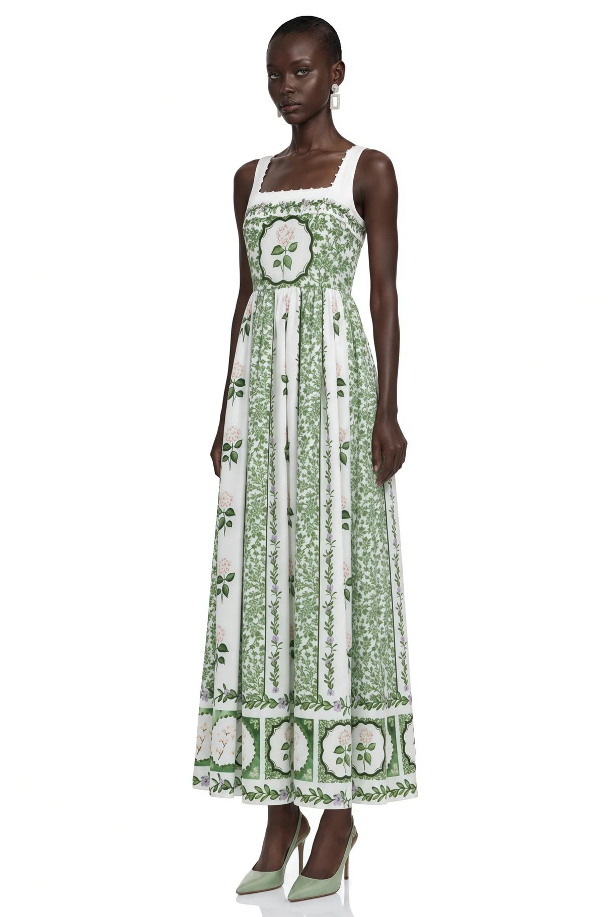 Adeliza Green Floral Print Square Neck Midi Dress