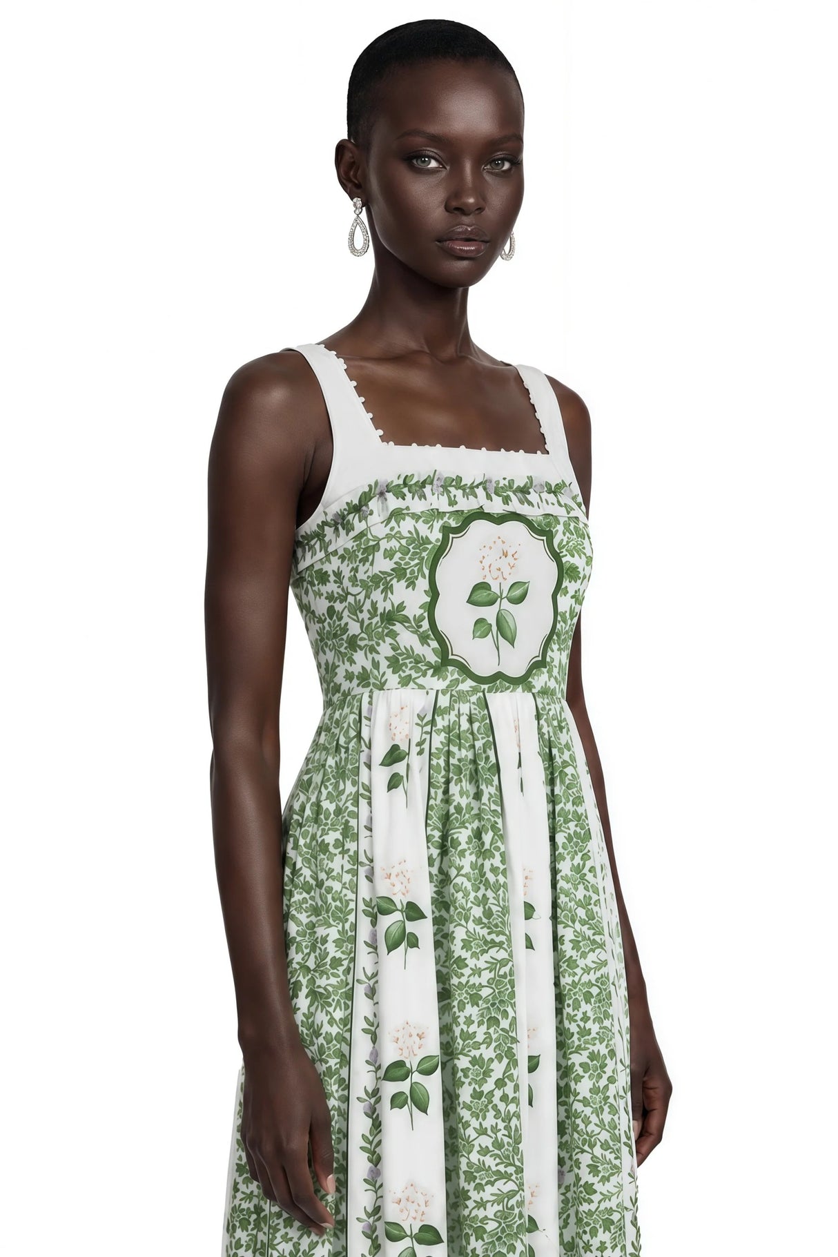 Adeliza Green Floral Print Square Neck Midi Dress