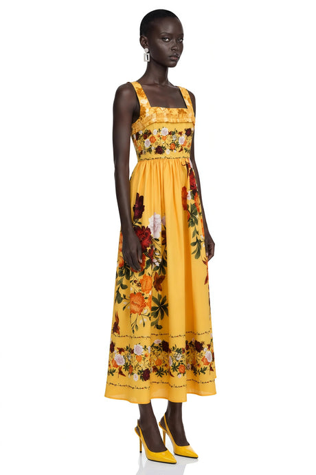 Adeliza Yellow Floral Print Square Neck Midi Dress