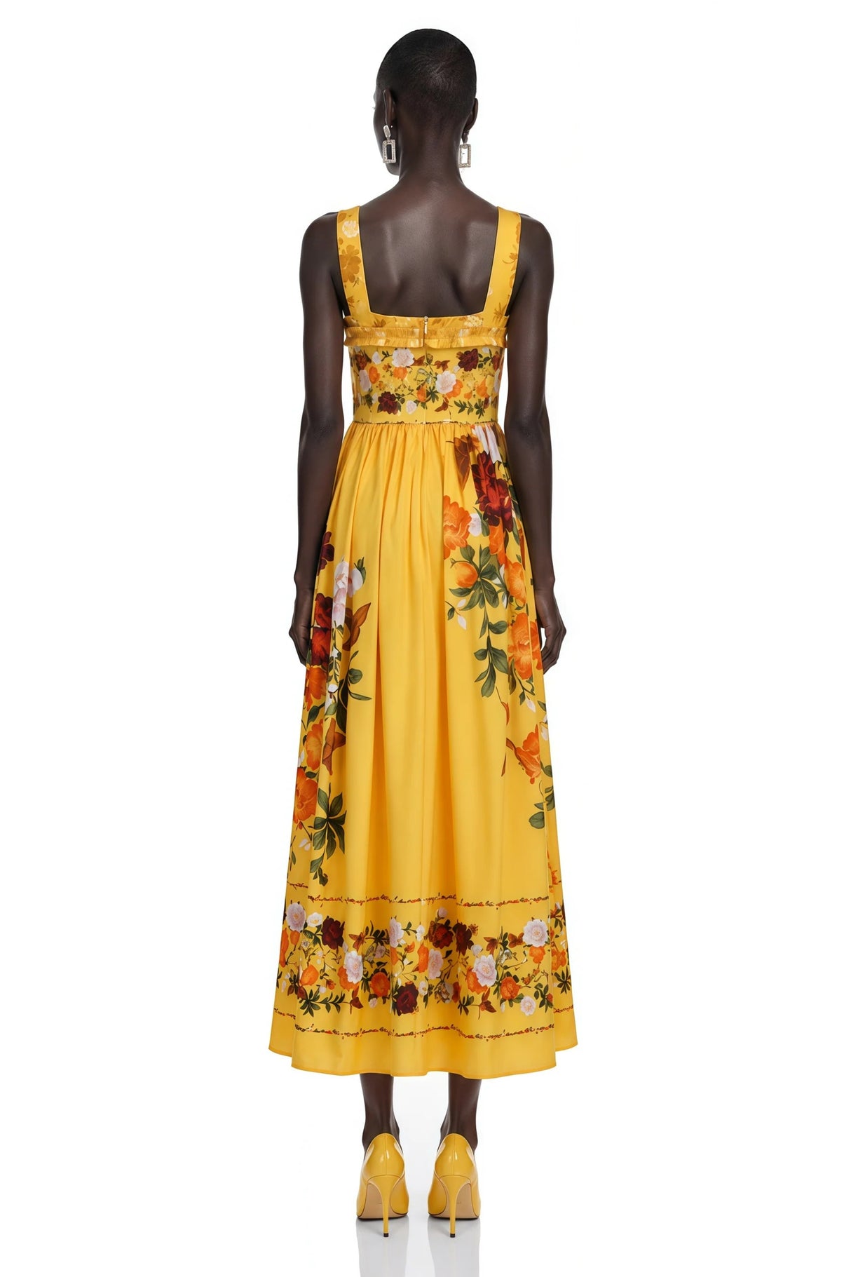 Adeliza Yellow Floral Print Square Neck Midi Dress