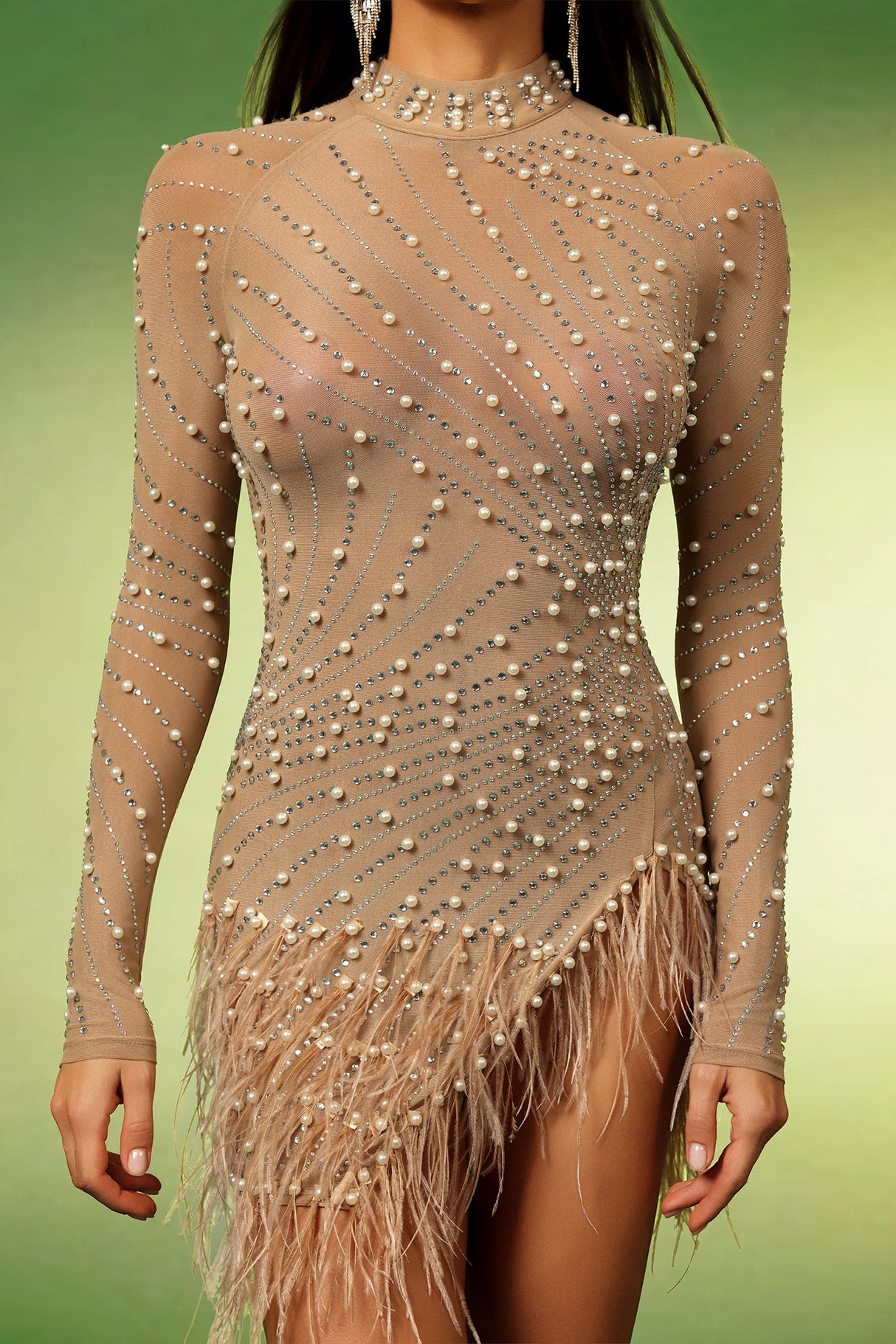 Adelyn Beige Pearl Diamond Detail Mini Dress Long Sleeve Evening Wear Tassel Accents High Neckline Sophisticated Glamorous Chic Embellishments Sleek Fabric Stylish Eye-Catching