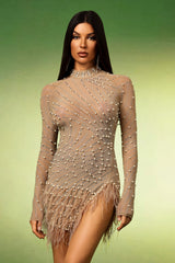 Adelyn Beige Pearl Diamond Tassel Mini Dress