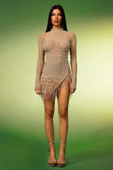 Adelyn Beige Pearl Diamond Tassel Mini Dress
