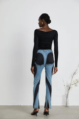 Adelyn Jeans - Stretch Denim Panelled Design Belt Loop Button Fly Pockets